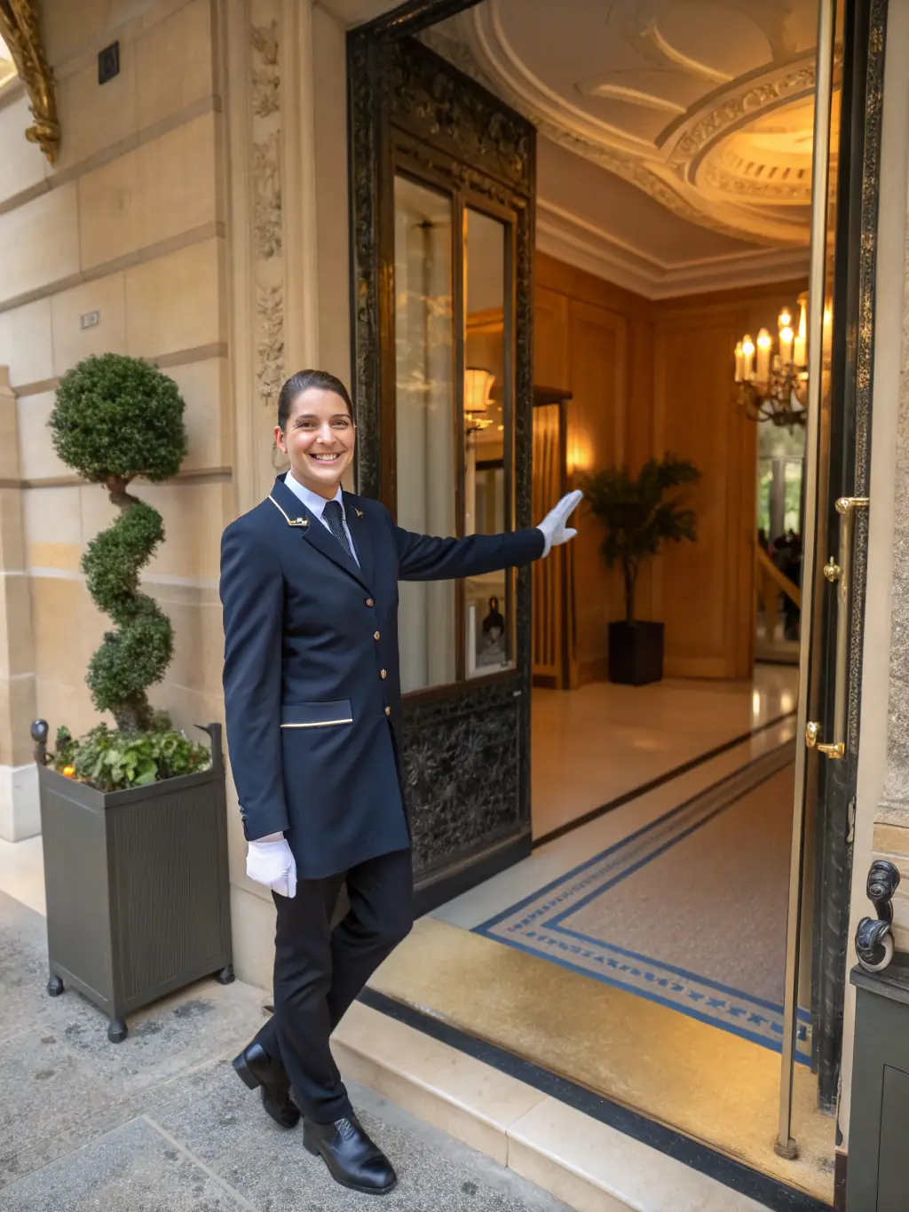 A friendly STAYGO Conciergerie staff member greeting guests at the entrance of a beautifully maintained apartment.