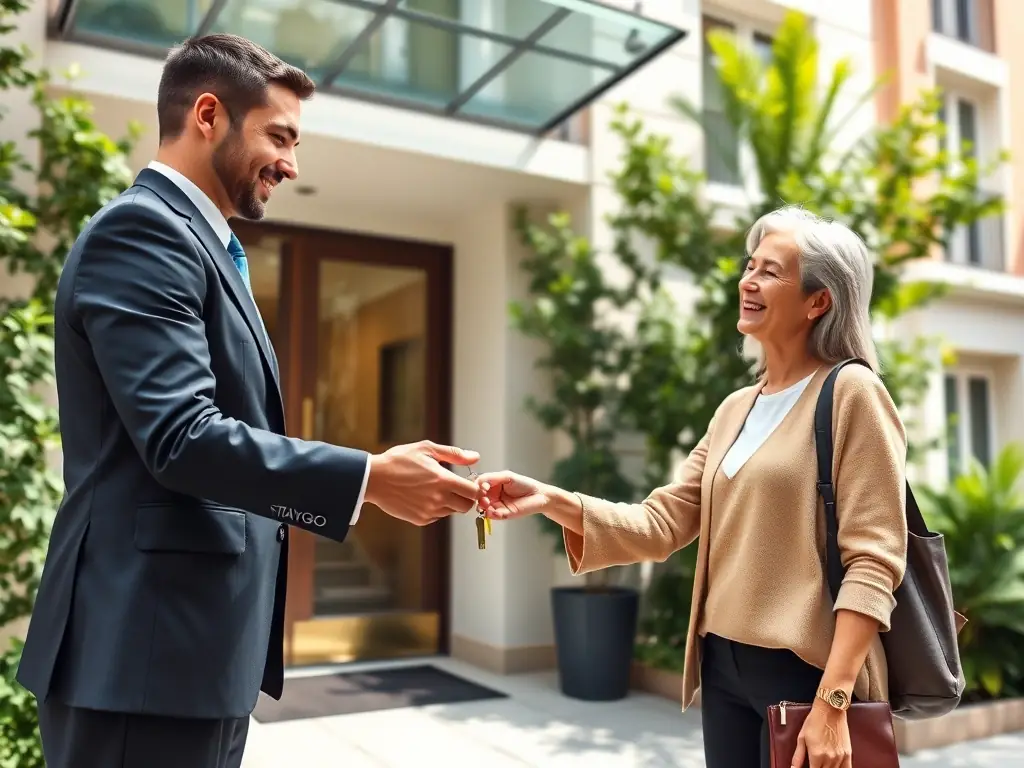 A friendly concierge handing keys to a smiling guest in front of a well-maintained apartment building, symbolizing the seamless guest experience provided by STAYGO Conciergerie.