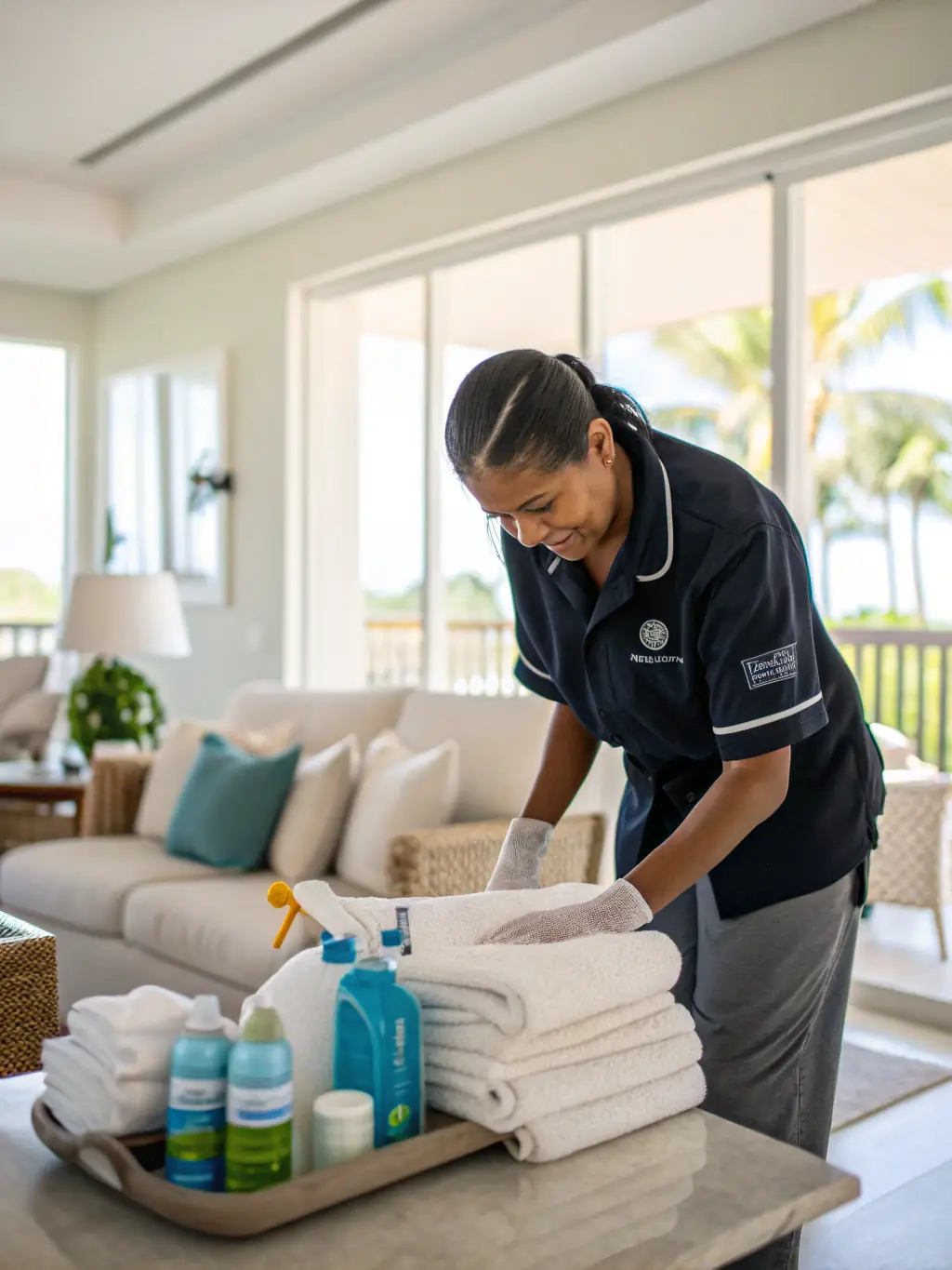A cleaning crew meticulously cleaning and preparing a short-term rental property for the next guests, showcasing STAYGO's commitment to cleanliness.