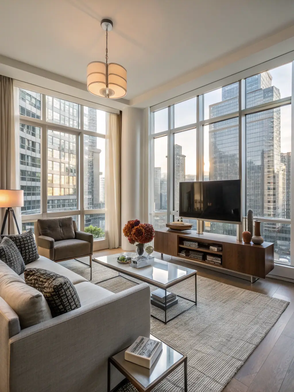 A brightly lit, modern apartment living room with stylish furniture, representing a well-managed short-term rental property by STAYGO Conciergerie.