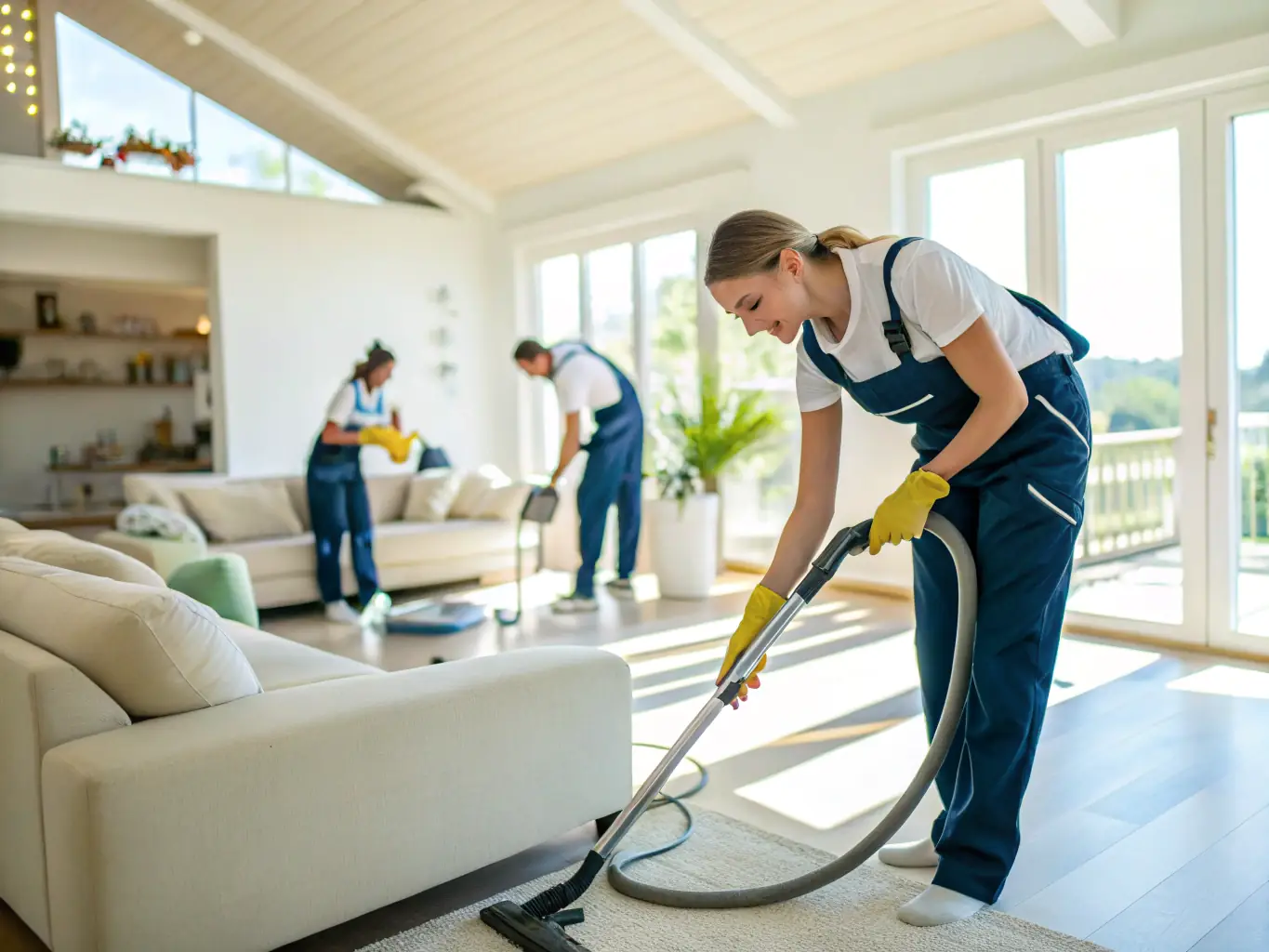 A cleaning crew meticulously cleaning and preparing an apartment for the next guest, highlighting the importance of cleanliness and maintenance in short-term rentals managed by STAYGO Conciergerie.