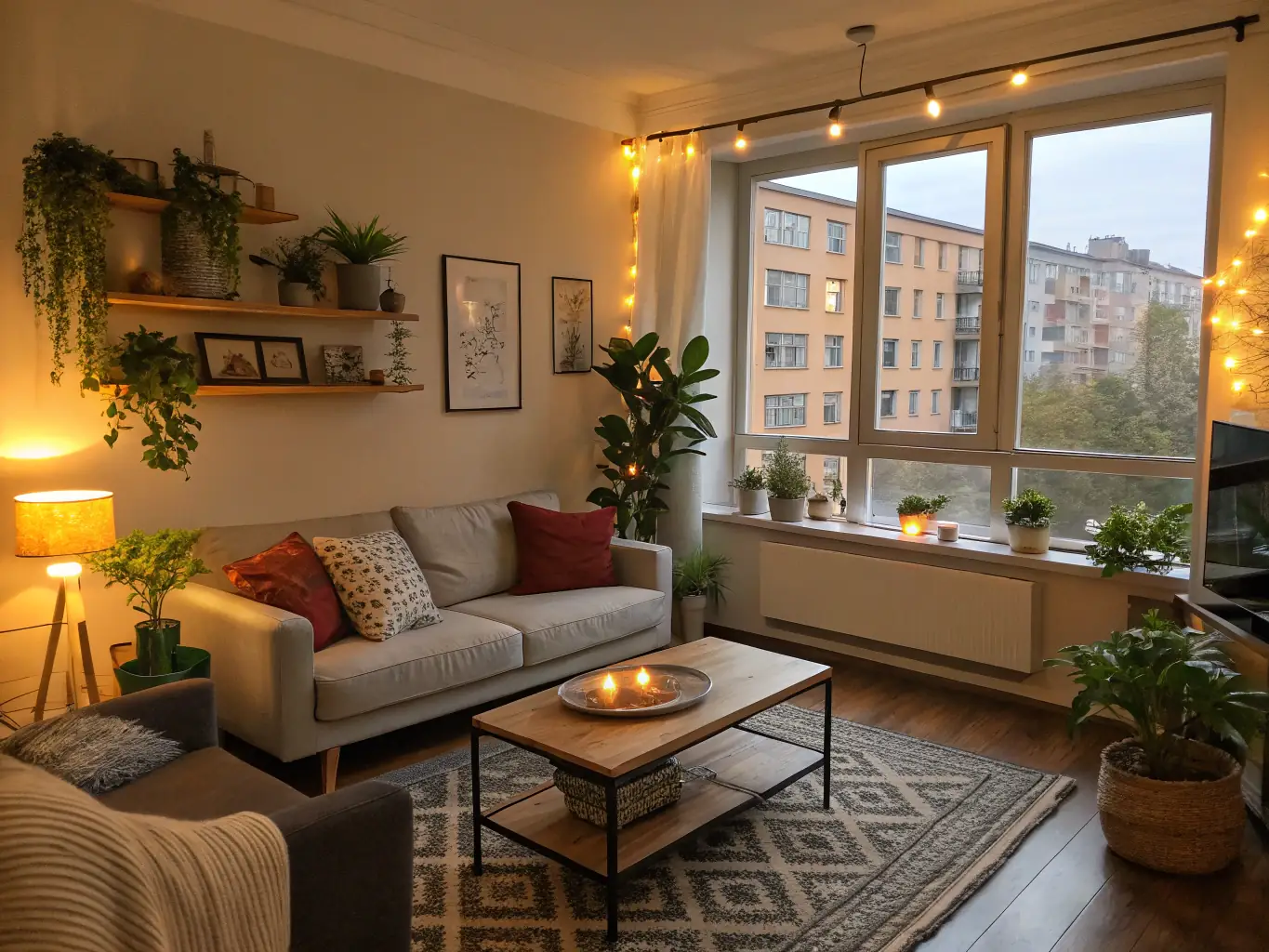 A modern apartment living room with a neatly made bed, a vase of flowers on the table, and soft, natural light streaming through the window, representing the comfort and appeal STAYGO Conciergerie brings to rental properties.